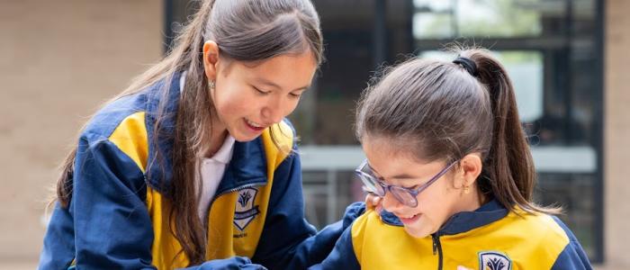 Estudiante enseñando a su compañera 